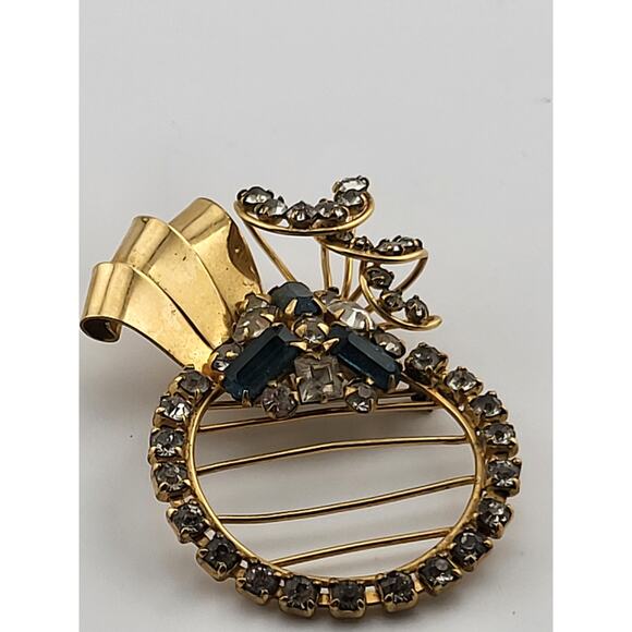 Vintage 1/20 12K GF MES Rhinestone Brooch Pendant Blue Clear Art Deco Style - Picture 2 of 9